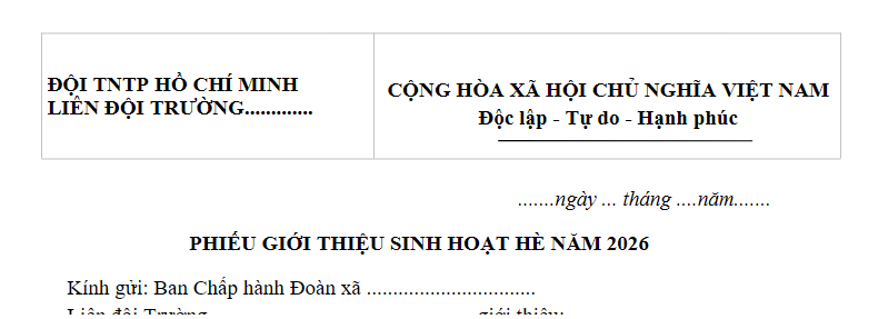 Mẫu Phiếu giới thiệu sinh hoạt hè năm 2026? Tải về phiếu giới thiệu sinh hoạt hè dành cho học sinh các cấp?