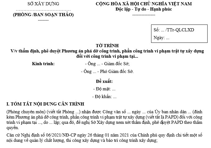 Mẫu tờ trình thẩm định, phê duyệt phương án phá dỡ công trình xây dựng chuẩn mới nhất là mẫu nào?