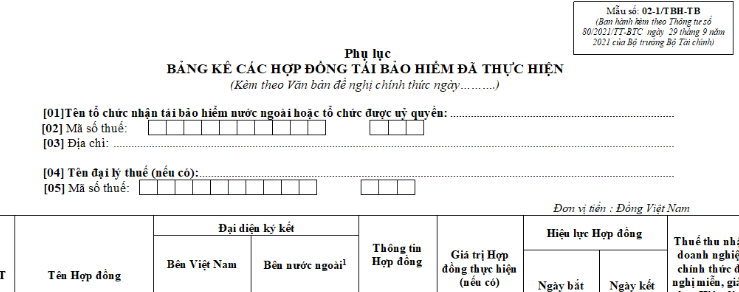 Mẫu Phụ lục bảng kê các hợp đồng tái bảo hiểm đã thực hiện mới nhất là mẫu nào? Tải mẫu về ở đâu?