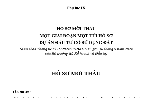 Mẫu Hồ sơ mời thầu một giai đoạn một túi hồ sơ dự án đầu tư có sử dụng đất mới nhất là mẫu nào?