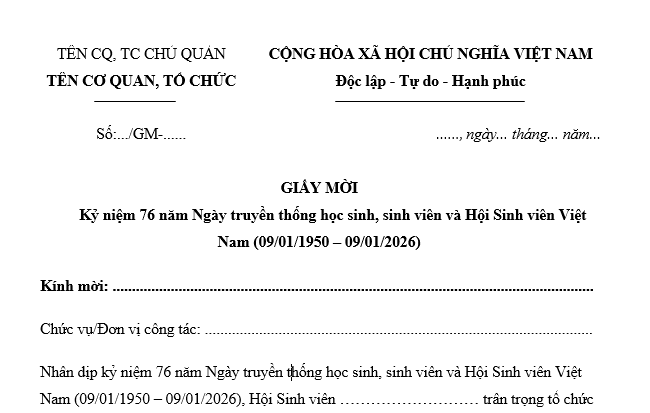Mẫu giấy mời kỷ niệm 76 năm Ngày truyền thống học sinh sinh viên và Hội Sinh viên Việt Nam mới nhất?