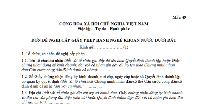 Mẫu đơn đề nghị cấp giấy phép hành nghề khoan nước dưới đất?