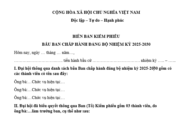Mẫu biên bản kiểm phiếu Bầu Ban chấp hành đảng bộ