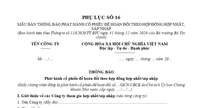 Mẫu bản thông báo phát hành cổ phiếu để hoán đổi theo hợp đồng hợp nhất, sáp nhập là mẫu nào? Tải về ở đâu?