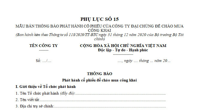 Mẫu Bản thông báo phát hành cổ phiếu của công ty đại chúng để chào mua công khai mới nhất? Tải về ở đâu?