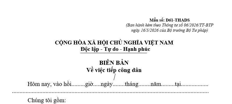 Mẫu Biên bản về việc tiếp công dân trong thi hành án dân sự từ 1/7/2026 là mẫu nào? Tải về?