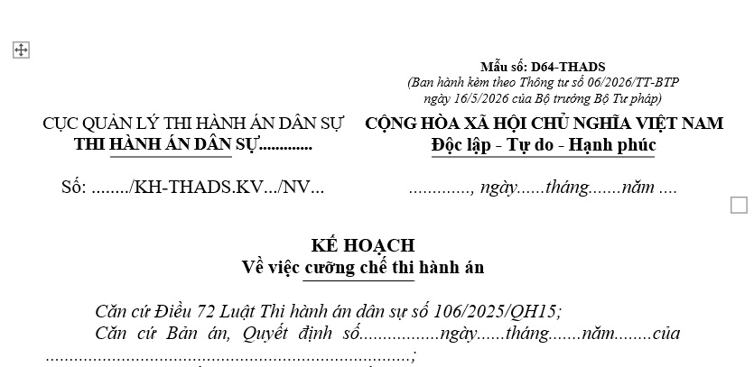 Mẫu Kế hoạch cưỡng chế thi hành án dân sự từ 1/7/2026 theo Thông tư 06 là mẫu nào? Tải về?