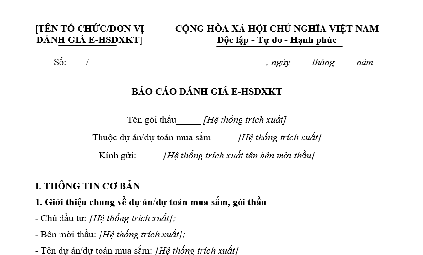 Mẫu Báo cáo đánh giá E HSĐXKT thuộc hồ sơ dự thầu qua mạng cho gói thầu dịch vụ phi tư vấn, mua sắm hàng hóa, xây lắp?