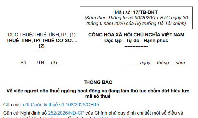 Mẫu Thông báo về việc người nộp thuế ngừng hoạt động và đang làm thủ tục chấm dứt hiệu lực mã số thuế theo Thông tư 90?