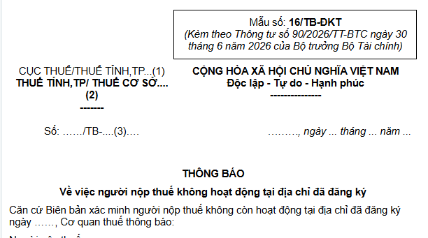 Mẫu Thông báo về việc người nộp thuế không hoạt động tại địa chỉ đã đăng ký theo Thông tư 90? Tải về?