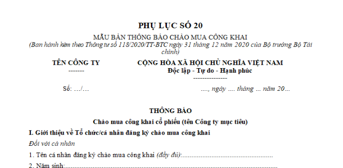 Mẫu bản thông báo chào mua công khai mới nhất? Thủ tục đăng ký chào mua công khai như thế nào?