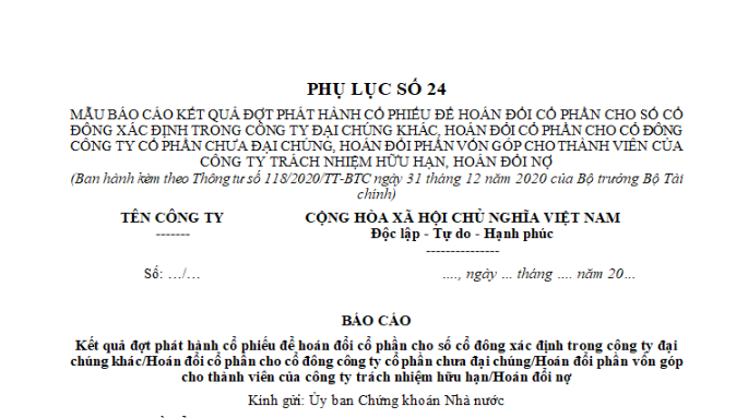 Mẫu báo cáo kết quả đợt phát hành cổ phiếu để hoán đổi cổ phần cho số cổ đông xác định trong công ty đại chúng khác?