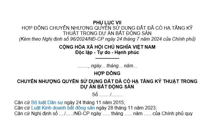 Tải về mẫu hợp đồng chuyển nhượng quyền sử dụng đất đã có hạ tầng kỹ thuật trong dự án bất động sản mới nhất?