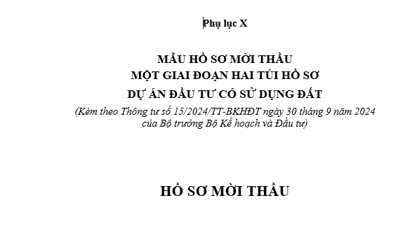 Mẫu hồ sơ mời thầu một giai đoạn hai túi hồ sơ dự án đầu tư có sử dụng đất mới nhất là mẫu nào?