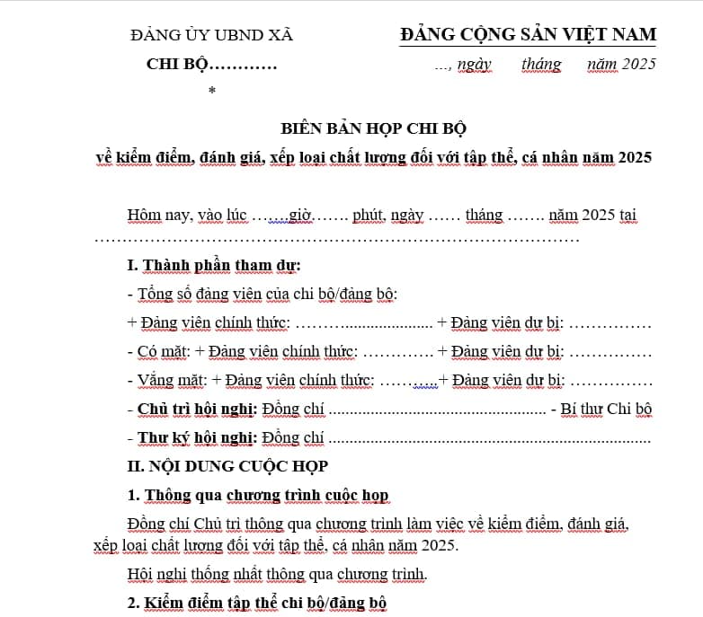 Mẫu biên bản họp Chi bộ kiểm điểm đảng viên cuối năm 2025 file word ...