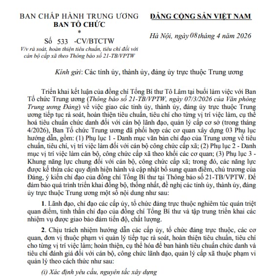 Toàn văn Công văn 533-CV/BTCTW về việc rà soát, hoàn thiện tiêu chuẩn, tiêu chí đối với cán bộ cấp xã?