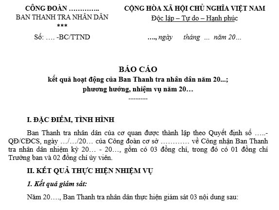 Mẫu Báo cáo hoạt động Ban thanh tra nhân dân mới nhất? Nhiệm vụ quyền hạn của Ban Thanh tra nhân dân cơ quan đơn vị?