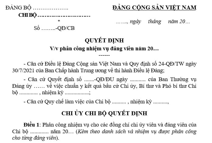 Mẫu Quyết định phân công nhiệm vụ Đảng viên mới nhất? Tải mẫu? Nhiệm vụ Đảng viên được quy định như thế nào?