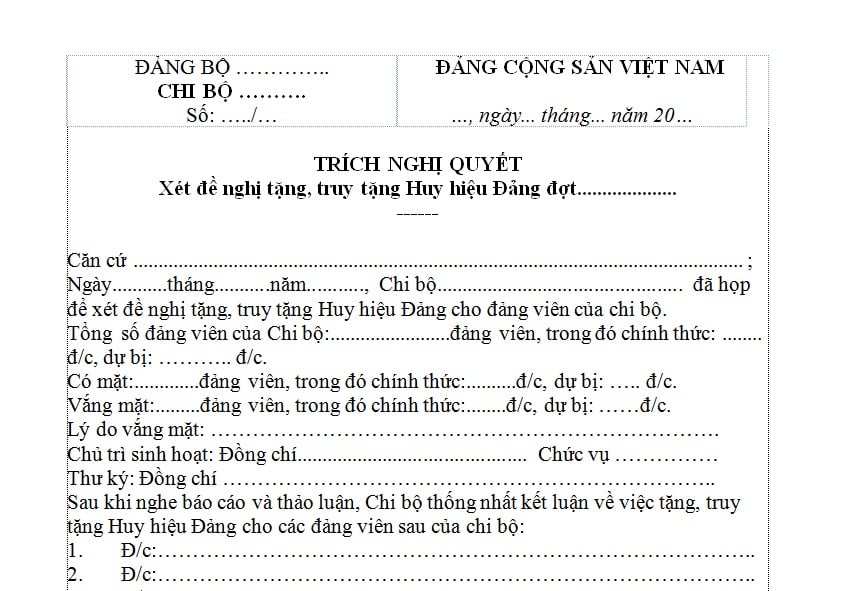 Mẫu Trích Nghị quyết xét đề nghị tặng Huy hiệu Đảng mới nhất? Tải mẫu? Nội dung chương trình lễ trao tặng Huy hiệu Đảng gồm những gì?