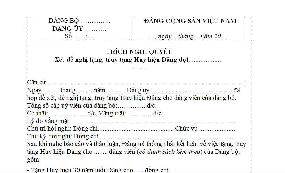 Mẫu Trích Nghị quyết xét đề nghị tặng Huy hiệu Đảng mới nhất? Tải mẫu? Nội dung chương trình lễ trao tặng Huy hiệu Đảng gồm những gì?