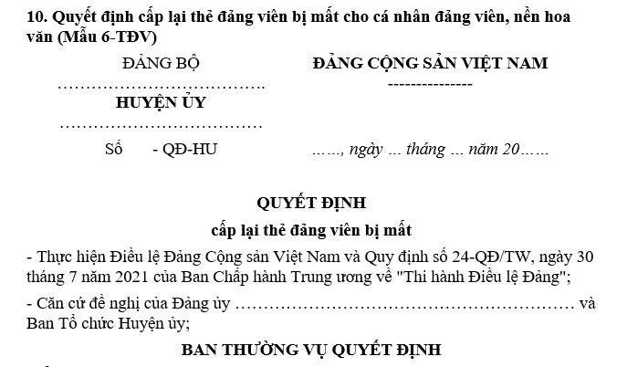 Mẫu Quyết định cấp lại thẻ đảng viên bị mất cho cá nhân đảng viên như thế nào? Tải ở đâu? Thủ tục cấp lại thẻ đảng viên bị mất? 