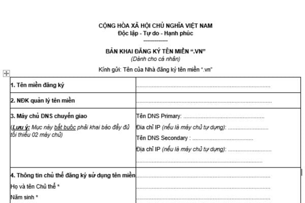 Bản khai đăng ký tên miền .vn dành cho cá nhân