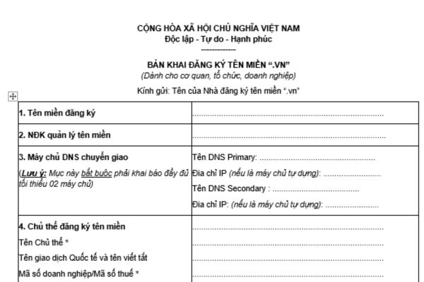 Bản khai đăng ký tên miền .vn dành cho cơ quan, tổ chức, doanh nghiệp