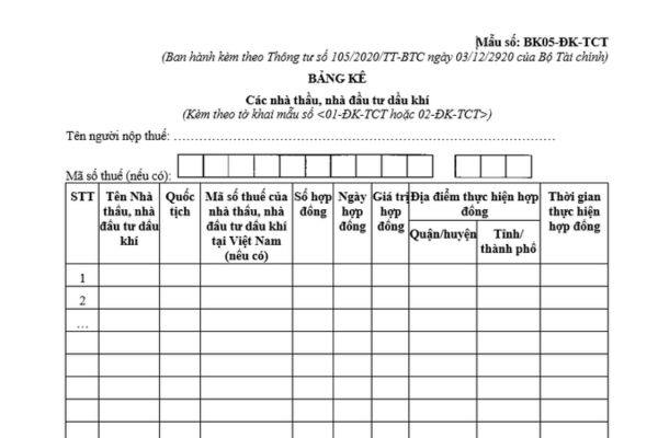 Bảng kê các nhà thầu, nhà đầu tư dầu khí kèm theo tờ khai đăng ký thuế dùng cho tổ chức là mẫu nào? Nộp hồ sơ đăng ký thuế tại đâu?