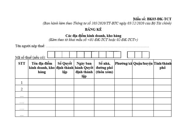 Mẫu bảng kê các địa điểm kinh doanh, kho hàng kèm theo tờ khai mẫu số 01-ĐK-TCT hoặc 02-ĐK-TCT?