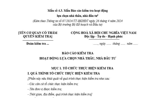 Mẫu báo cáo kiểm tra hoạt động lựa chọn nhà thầu, nhà đầu tư