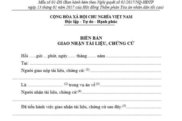 Mẫu biên bản giao nhận tài liệu, chứng cứ