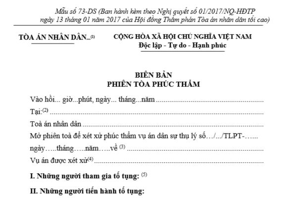 Mẫu biên bản phiên tòa phúc thẩm vụ án dân sự