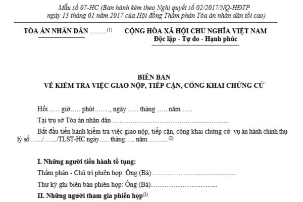 Biên bản về kiểm tra việc giao nộp, tiếp cận, công khai chứng cứ