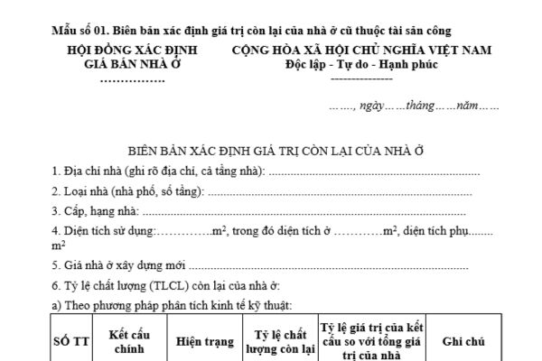 Mẫu biên bản xác định giá trị còn lại của nhà ở cũ thuộc tài sản công mới nhất? Tải mẫu tại đâu?