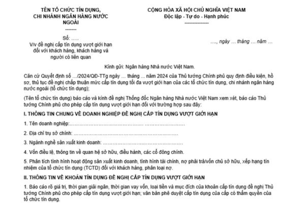 Mẫu văn bản đề nghị cấp tín dụng vượt giới hạn đối với khách hàng và người có liên quan là mẫu nào?