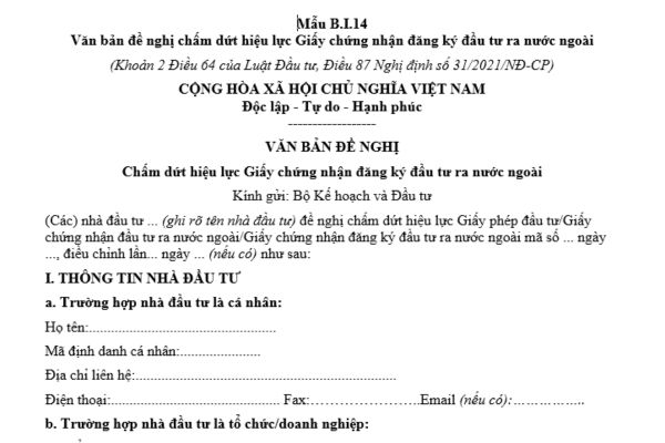 Mẫu văn bản đề nghị chấm dứt hiệu lực Giấy chứng nhận đăng ký đầu tư ra nước ngoài mới nhất là mẫu nào?