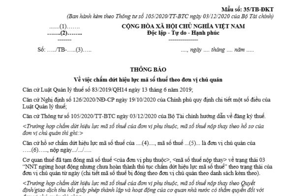 Mẫu thông báo về việc chấm dứt hiệu lực mã số thuế theo đơn vị chủ quản? Tải về mẫu này tại đâu?