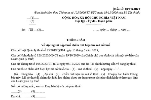 Mẫu thông báo về việc người nộp thuế chấm dứt hiệu lực mã số thuế là mẫu nào? Tải về mẫu tại đâu?