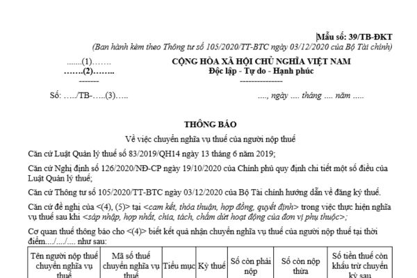 Mẫu thông báo về việc chuyển nghĩa vụ thuế của người nộp thuế là mẫu nào theo quy định? Tải mẫu tại đâu?