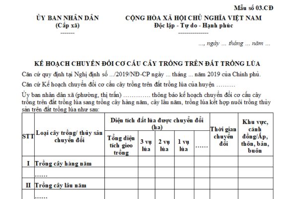 Uỷ ban nhân dân cấp xã ban hành kế hoạch chuyển đổi cơ cấu cây trồng trên đất trồng lúa trên địa bàn xã theo mẫu nào? Tải về mẫu này ở đâu?