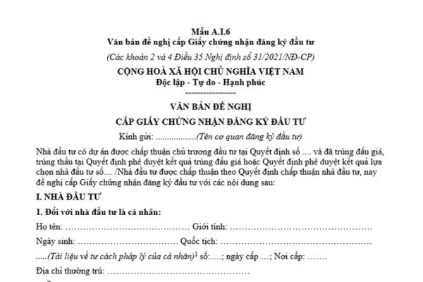 Mẫu văn bản đề nghị cấp Giấy chứng nhận đăng ký đầu tư đối với dự án đầu tư đã được chấp thuận chủ trương đầu tư và nhà đầu tư đã trúng đấu giá mới nhất?