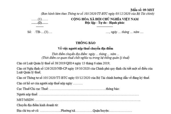 Mẫu thông báo về việc người nộp thuế chuyển địa điểm? Xử lý hồ sơ thay đổi thông tin đăng ký thuế?