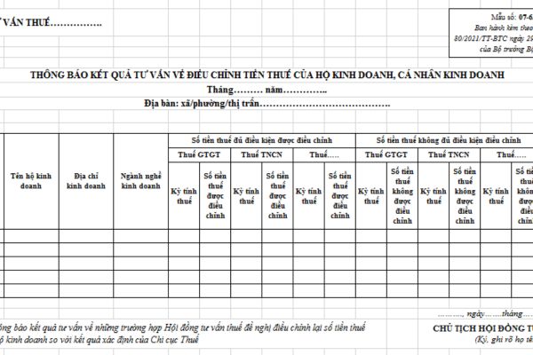 Mẫu thông báo kết quả tư vấn về điều chỉnh tiền thuế của hộ kinh doanh, cá nhân kinh doanh? Tải mẫu tại đâu?