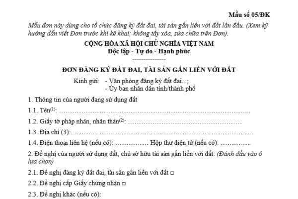 Mẫu đơn đề nghị cấp giấy chứng nhận quyền sử dụng đất đối với tổ chức