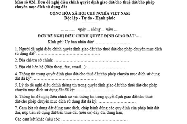 Mẫu đơn đề nghị điều chỉnh quyết định giao đất, cho thuê đất, cho phép chuyển mục đích sử dụng đất