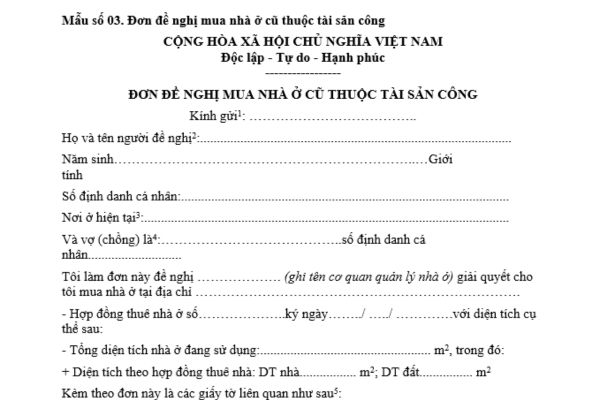 Mẫu đơn đề nghị mua nhà ở cũ thuộc tài sản công mới nhất là mẫu nào theo quy định? Tải mẫu tại đâu?