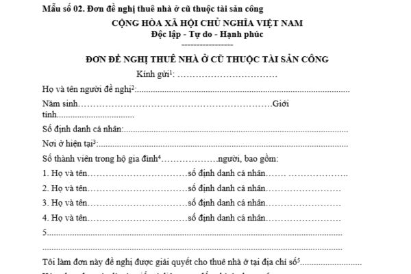 Mẫu đơn đề nghị thuê nhà ở cũ thuộc tài sản công mới nhất là mẫu nào theo quy định? Tải mẫu tại đâu?