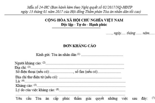 Đơn kháng cáo bản án hành chính sơ thẩm