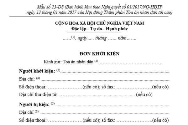 Mẫu đơn khởi kiện vụ án dân sự