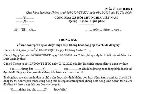 Tải mẫu thông báo về việc đơn vị chủ quản được nhận diện không hoạt động tại địa chỉ đã đăng ký?